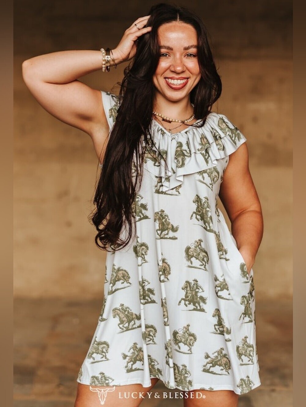 NWT Grey Ruffle Dress With Western Horse Print